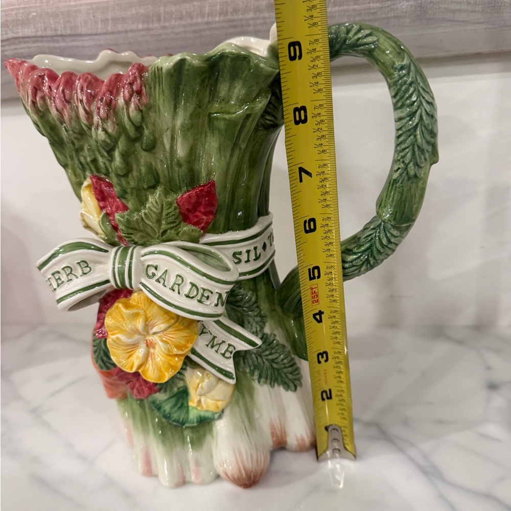 Fitz and Floyd Green, Yellow and Red Garden Ribbon Asparagus Pitcher 42oz
